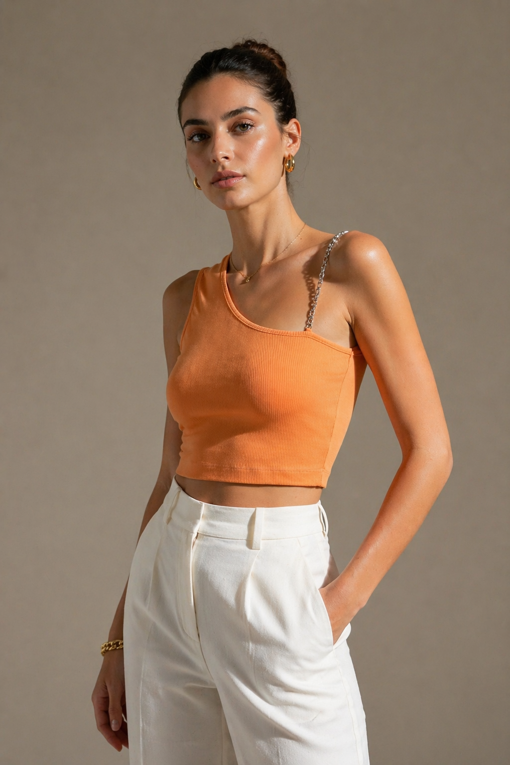 Kadın Tek Omuz Zincir Askılı Fitilli Crop Bluz Turuncu