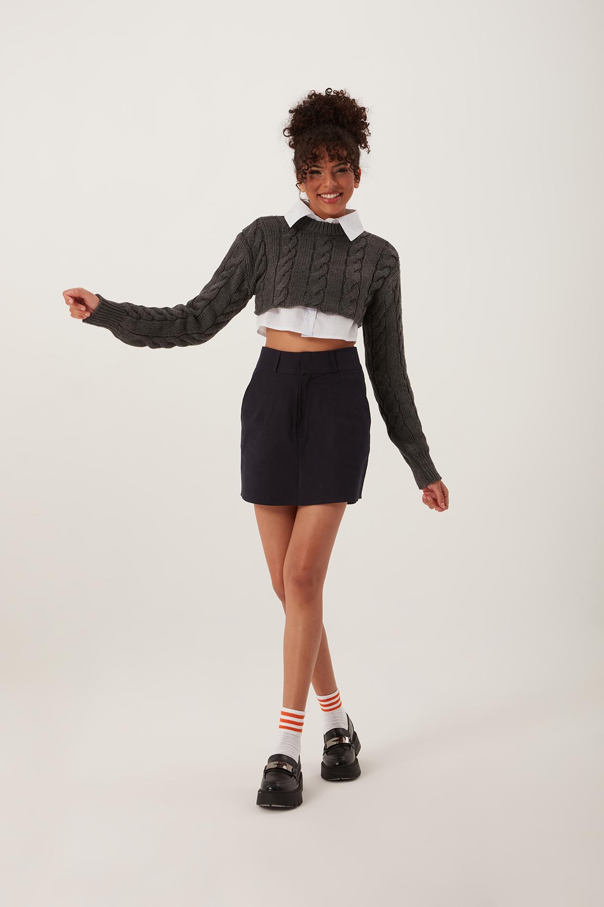 Kadın Triko Crop Sweatshirt Antrasit