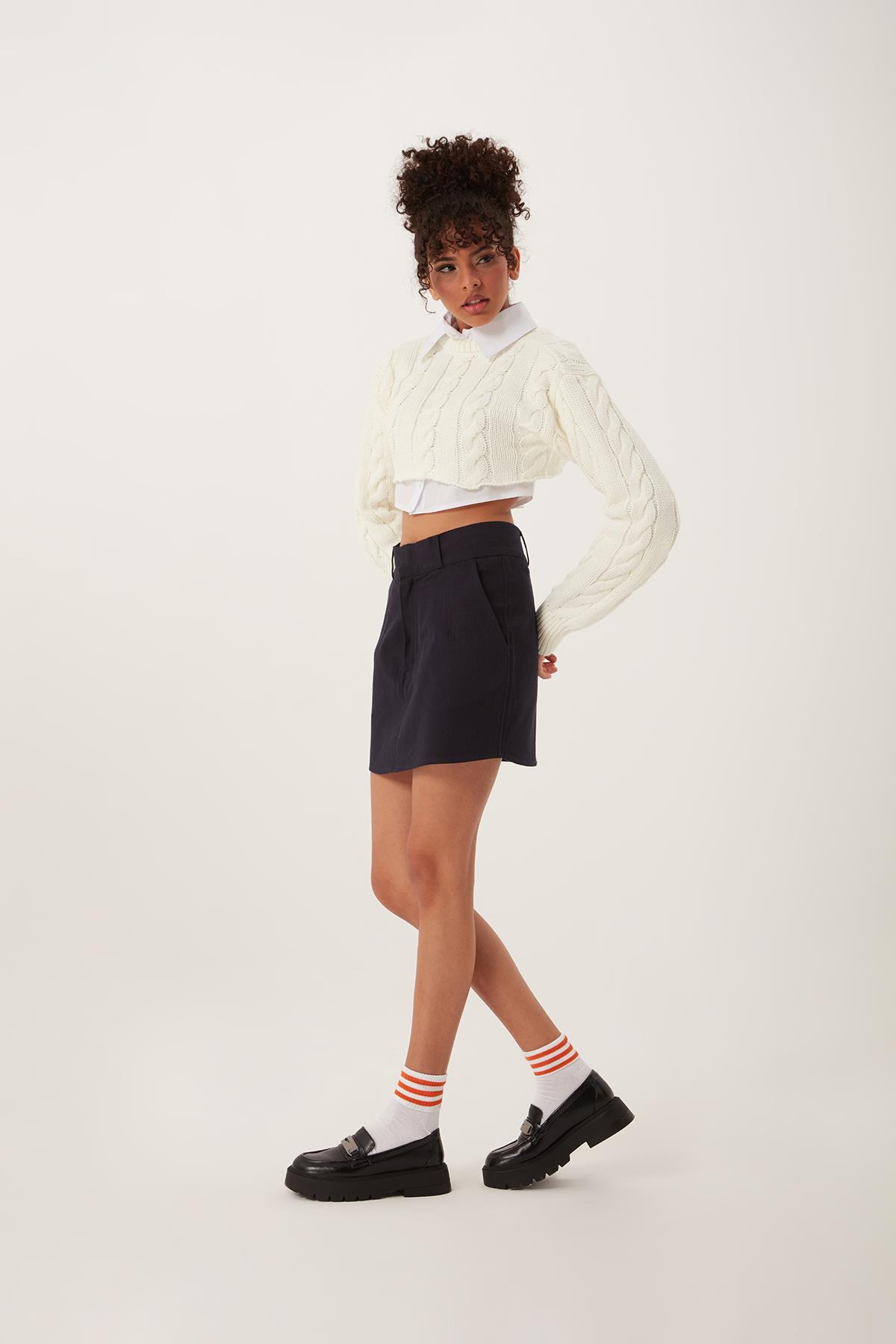 Kadın Triko Crop Sweatshirt Krem