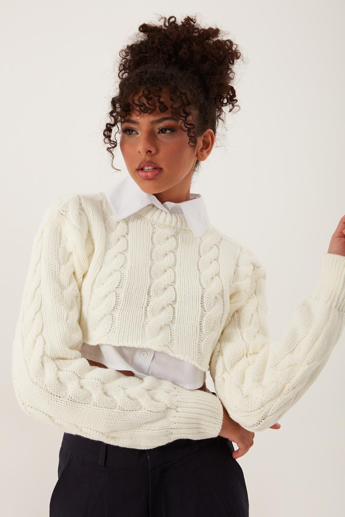 Kadın Triko Crop Sweatshirt Krem