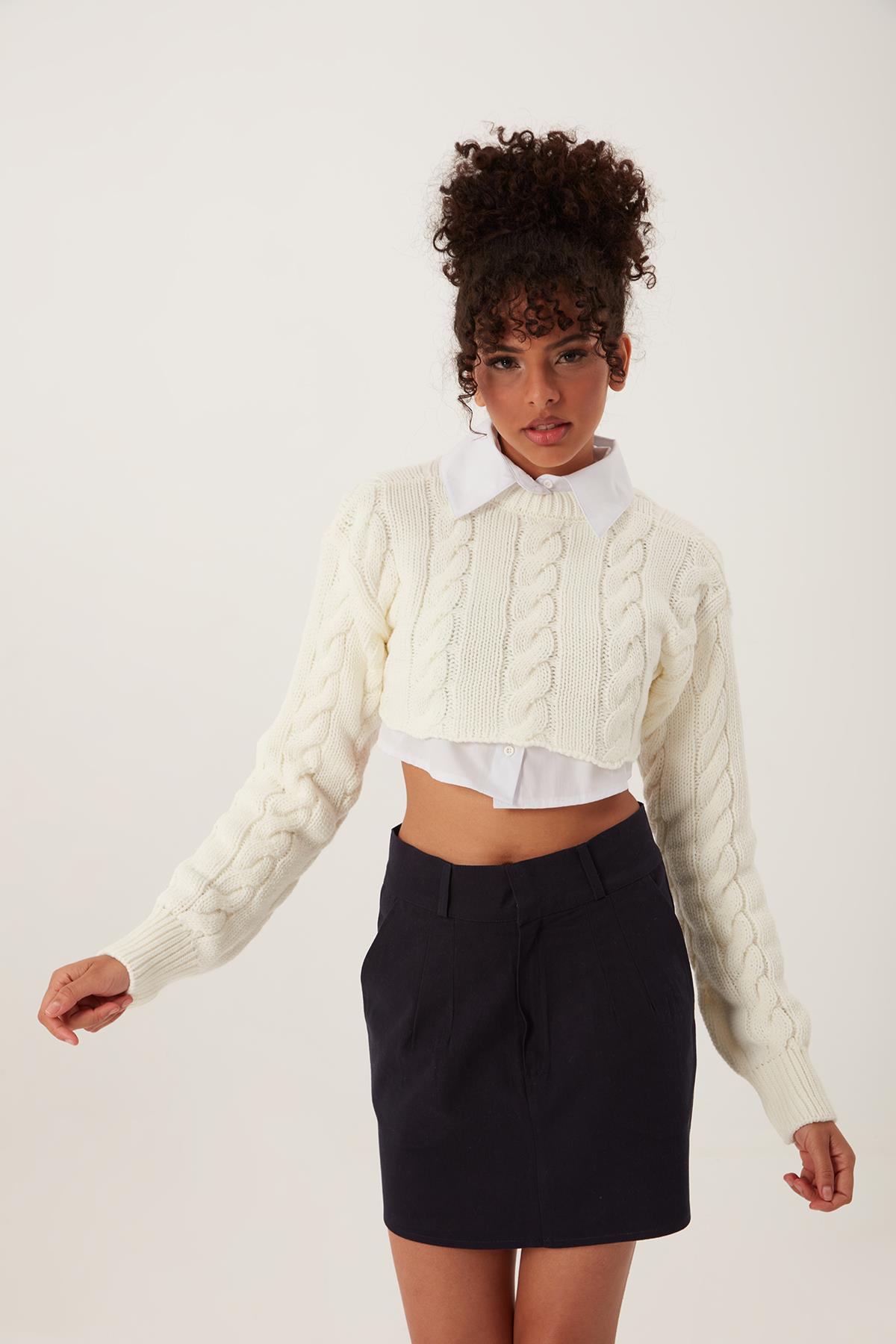 Kadın Triko Crop Sweatshirt Krem