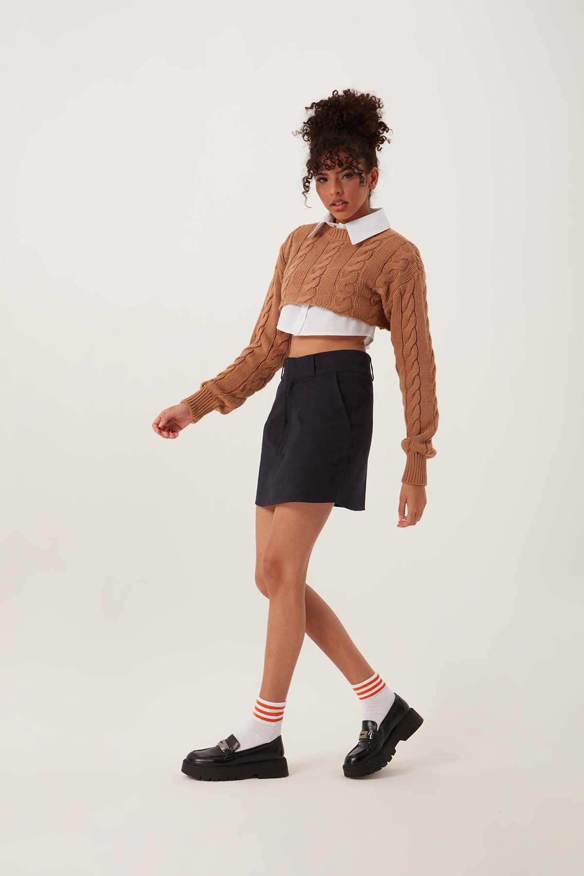 Kadın Triko Crop Sweatshirt Taba
