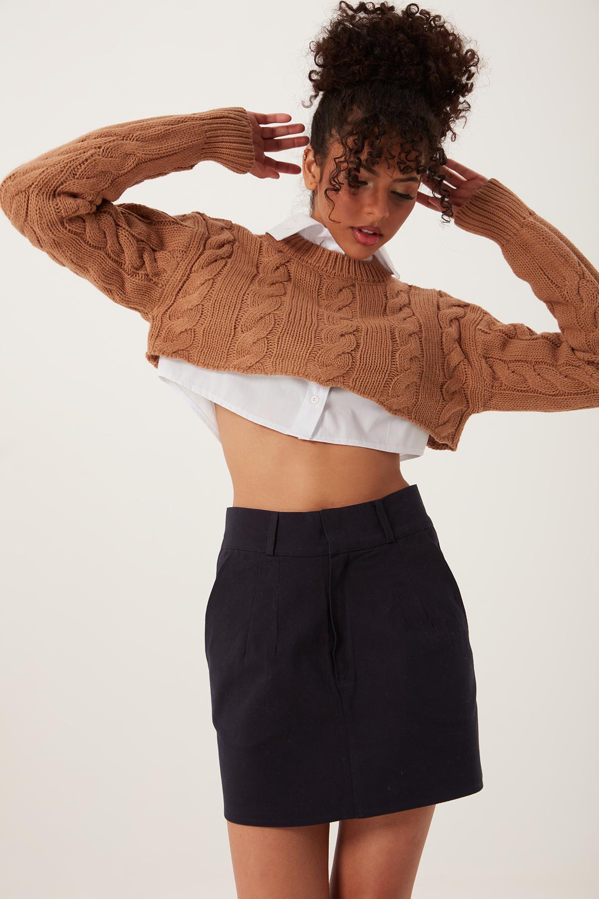 Kadın Triko Crop Sweatshirt Taba