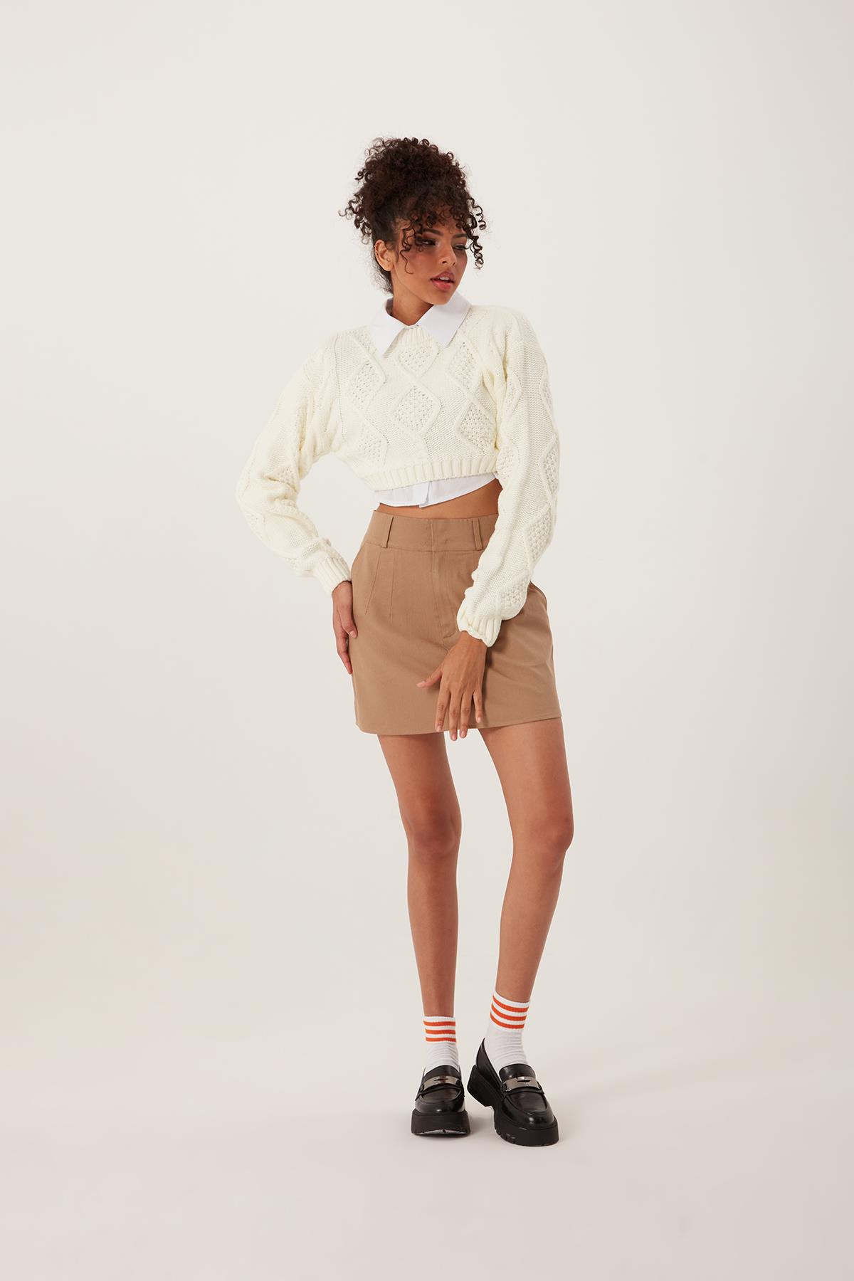 Kadın Triko Sweatshirt Krem