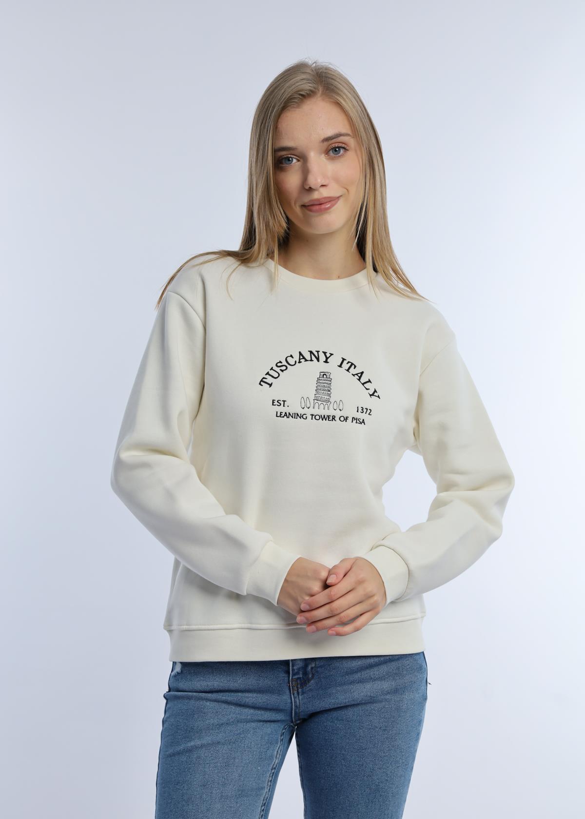 Kadın Tuscany İtaly Nakışlı Sweatshirt Ekru