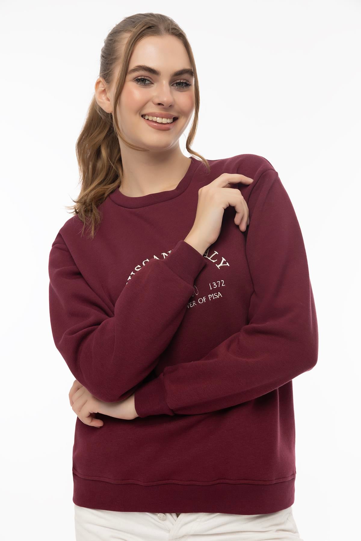 Kadın Tuscany İtaly Nakışlı Sweatshirt Bordo