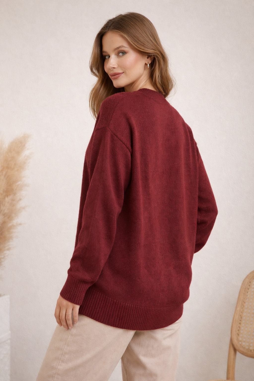 Kadın V Yaka Oversize Triko Bordo Kazak