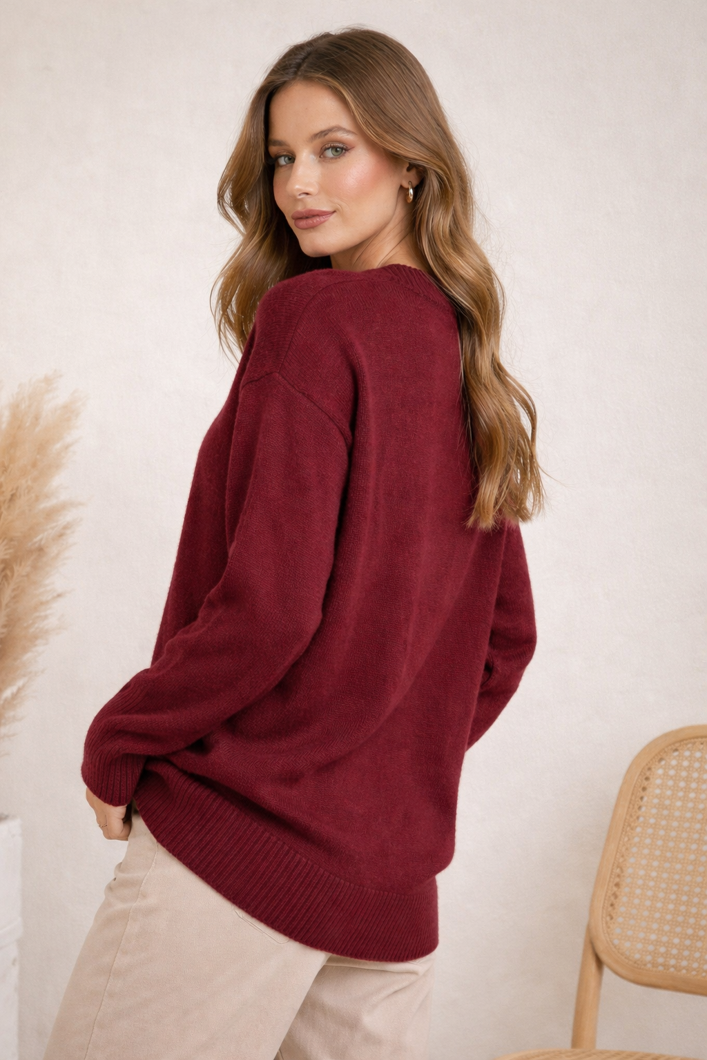 Kadın V Yaka Oversize Triko Bordo Kazak