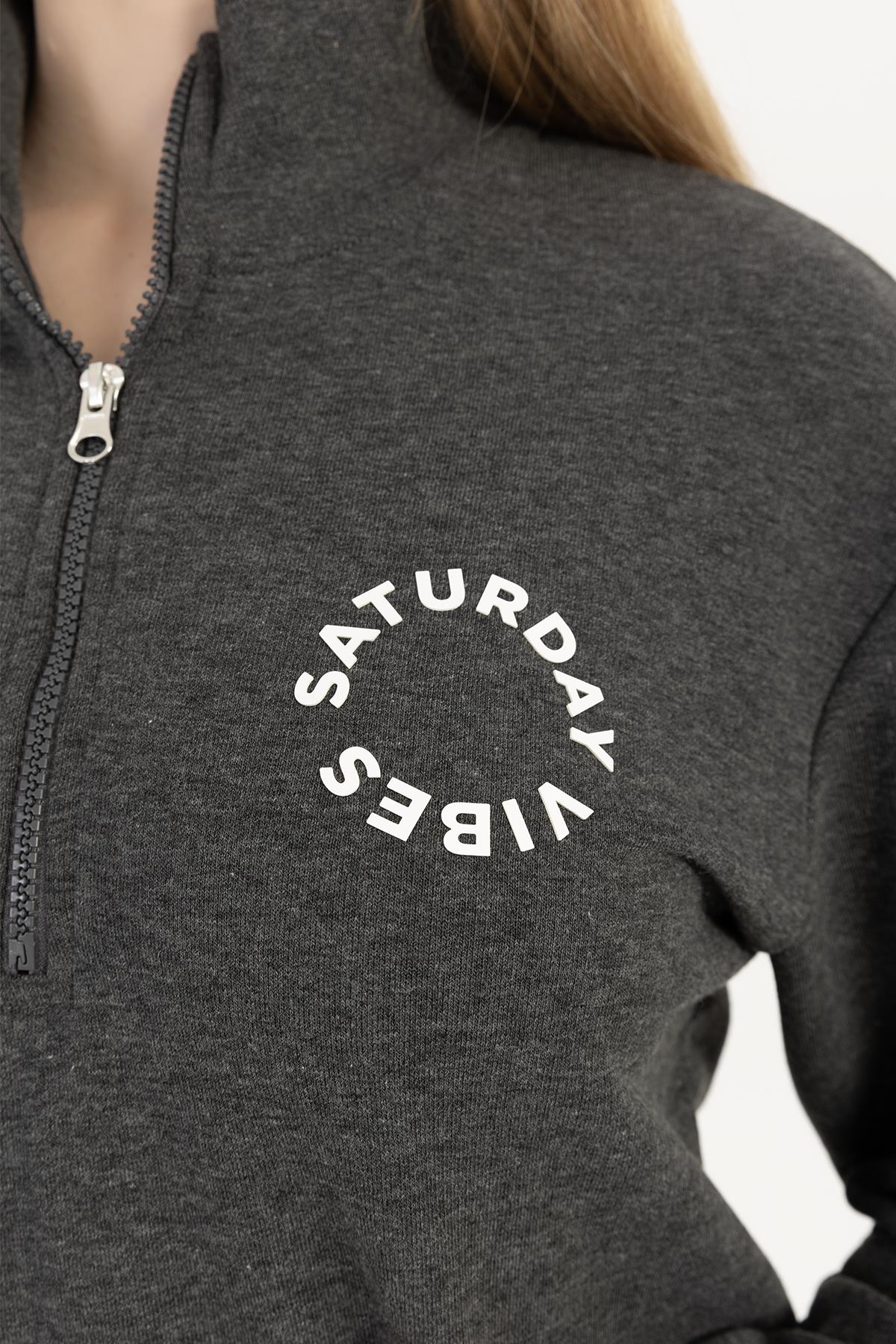 Kadın Yarım Fermuarlı Dik Yaka Sweatshirt Antrasit Melanj