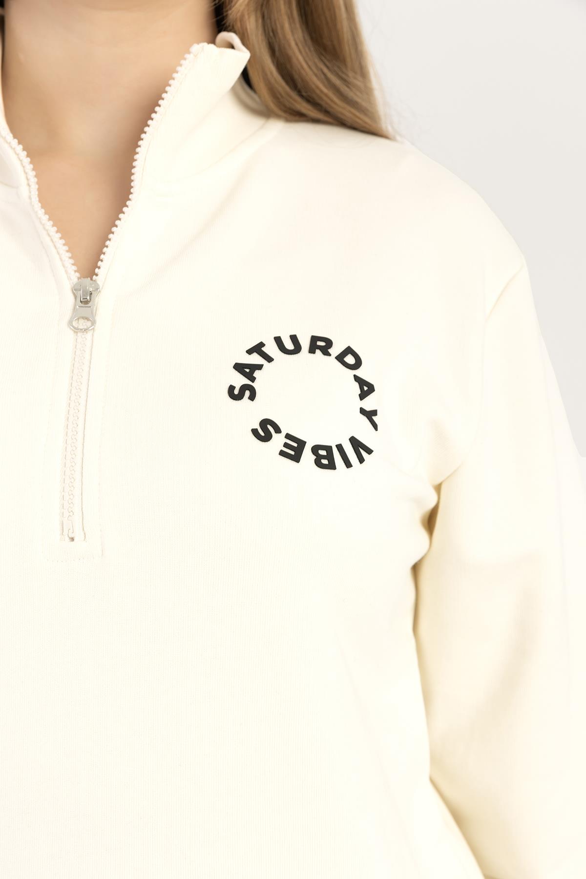 Kadın Yarım Fermuarlı Dik Yaka Sweatshirt Ekru