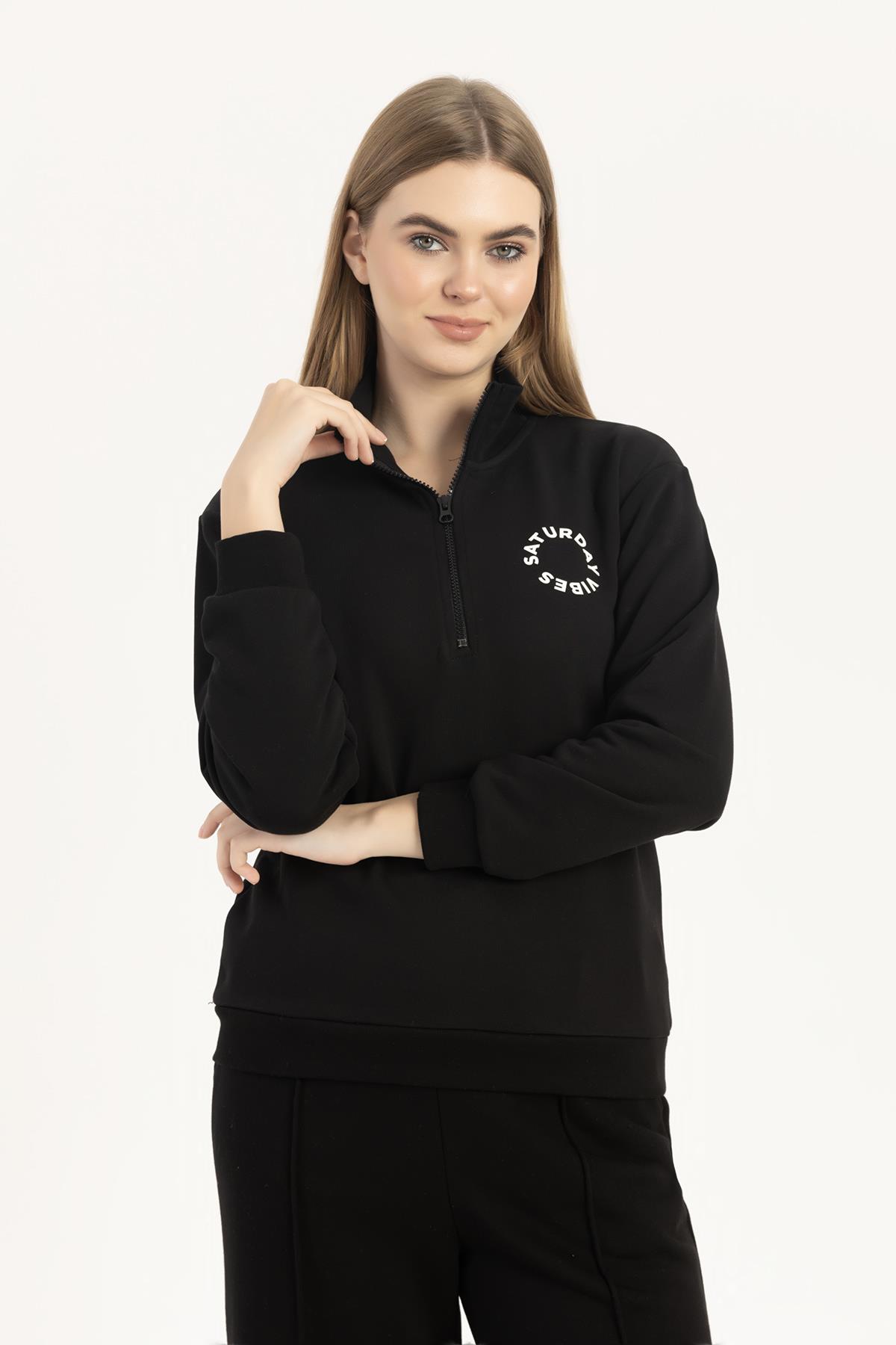 Kadın Yarım Fermuarlı Dik Yaka Sweatshirt Siyah