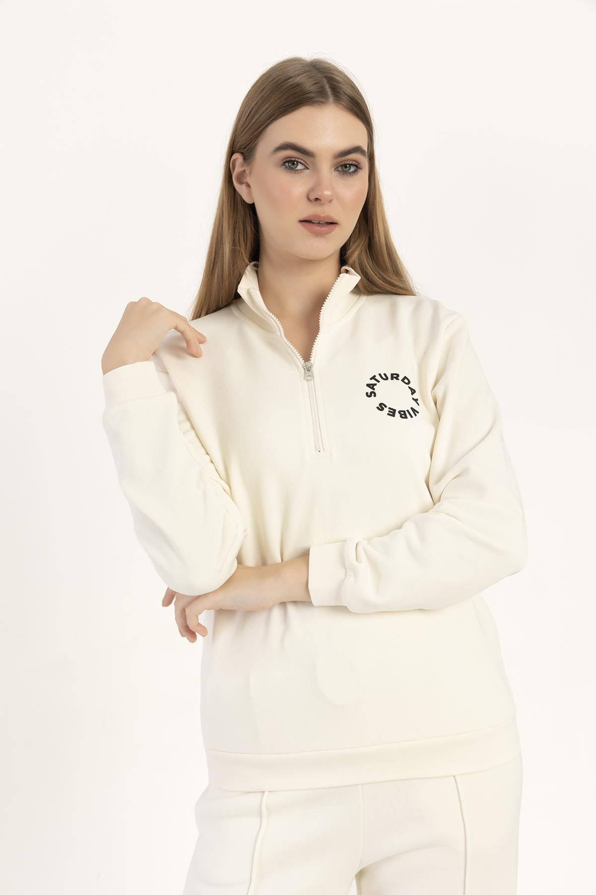 Kadın Yarım Fermuarlı Dik Yaka Sweatshirt Ekru