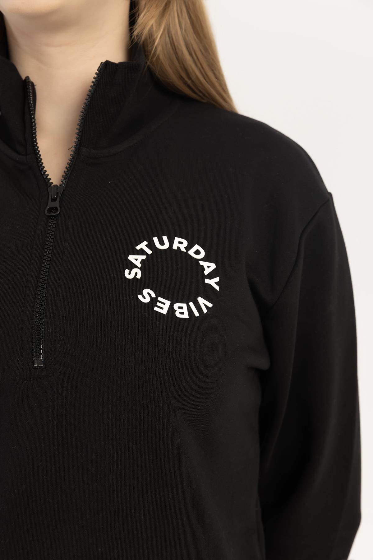 Kadın Yarım Fermuarlı Dik Yaka Sweatshirt Siyah