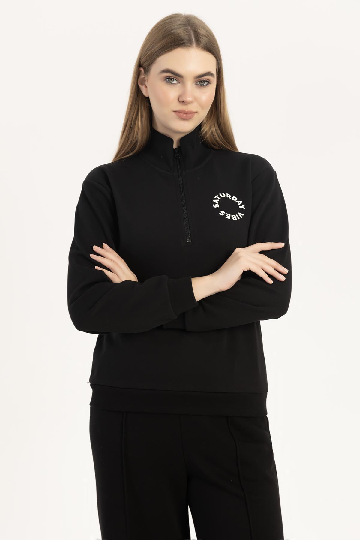 Kadın Yarım Fermuarlı Dik Yaka Sweatshirt Siyah