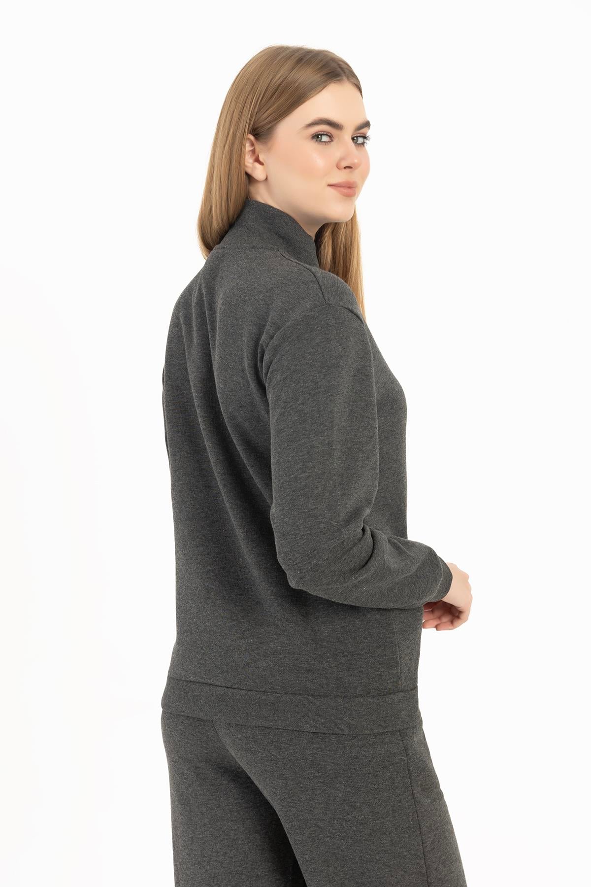 Kadın Yarım Fermuarlı Dik Yaka Sweatshirt Antrasit Melanj