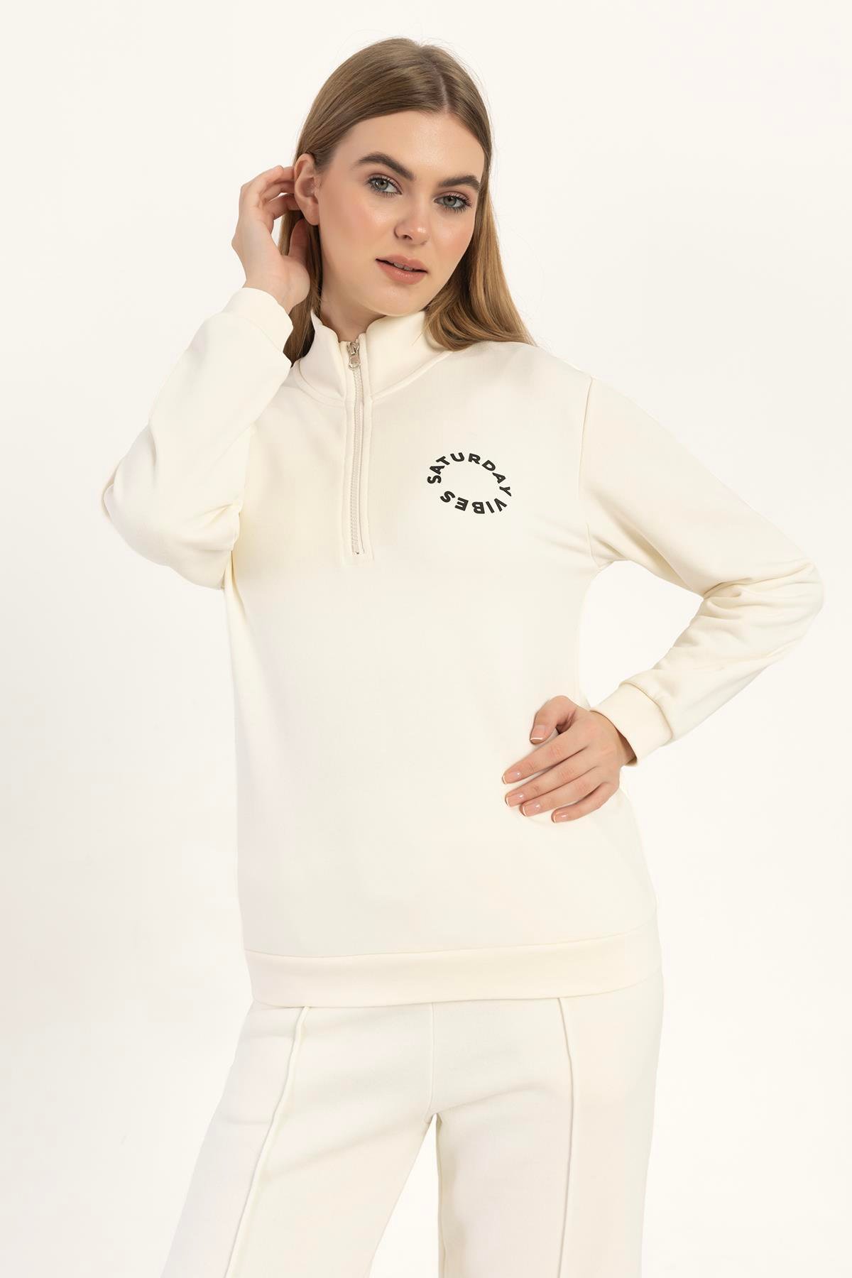 Kadın Yarım Fermuarlı Dik Yaka Sweatshirt Ekru