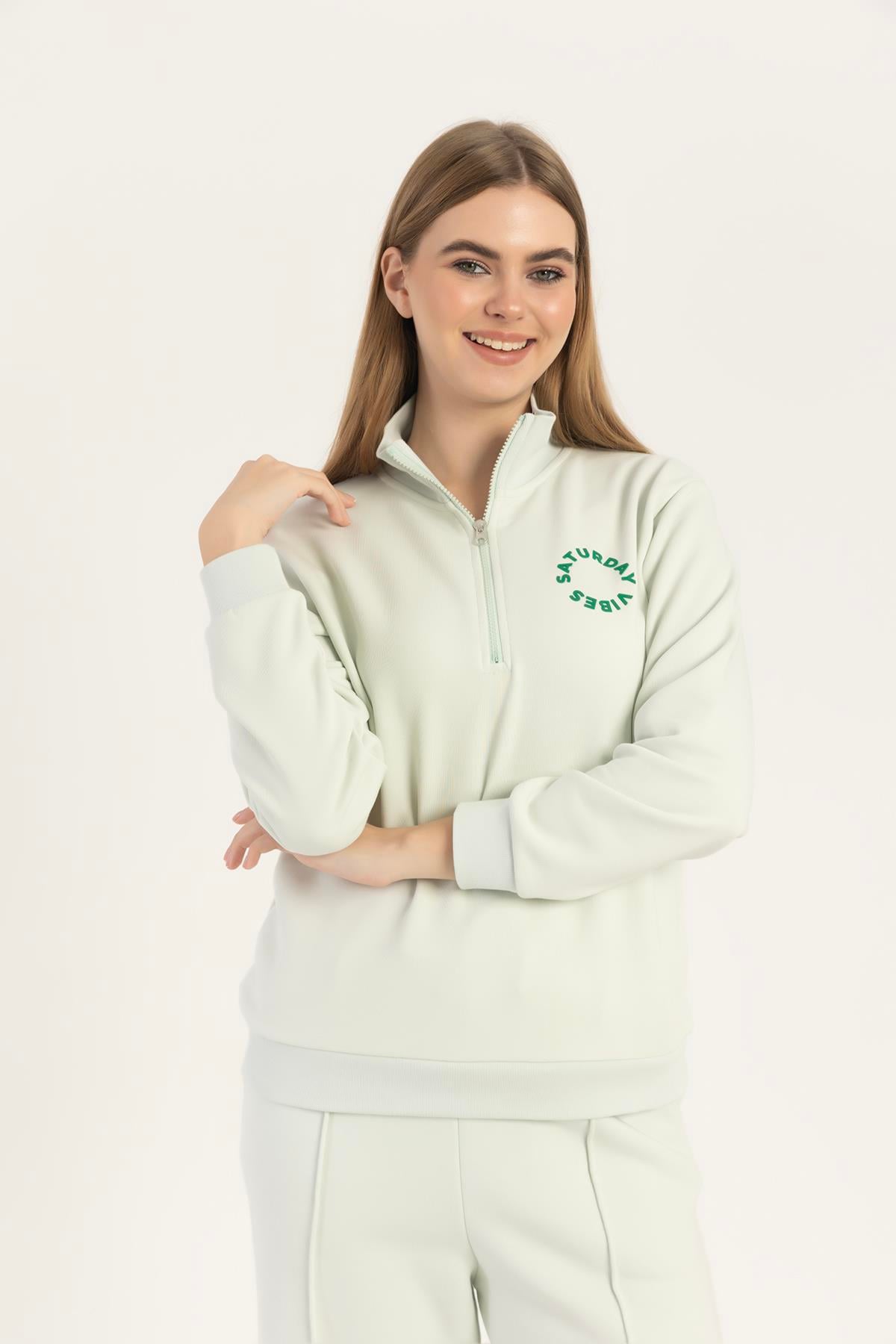Kadın Yarım Fermuarlı Dik Yaka Sweatshirt Mint