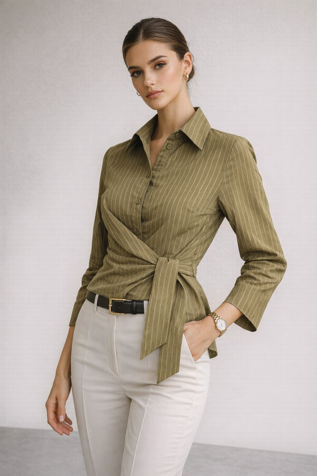 Kadın Yeşil Çizgili Yandan Bağlamalı Slim Fit Gömlek
