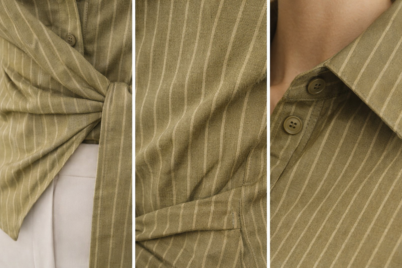 Kadın Yeşil Çizgili Yandan Bağlamalı Slim Fit Gömlek
