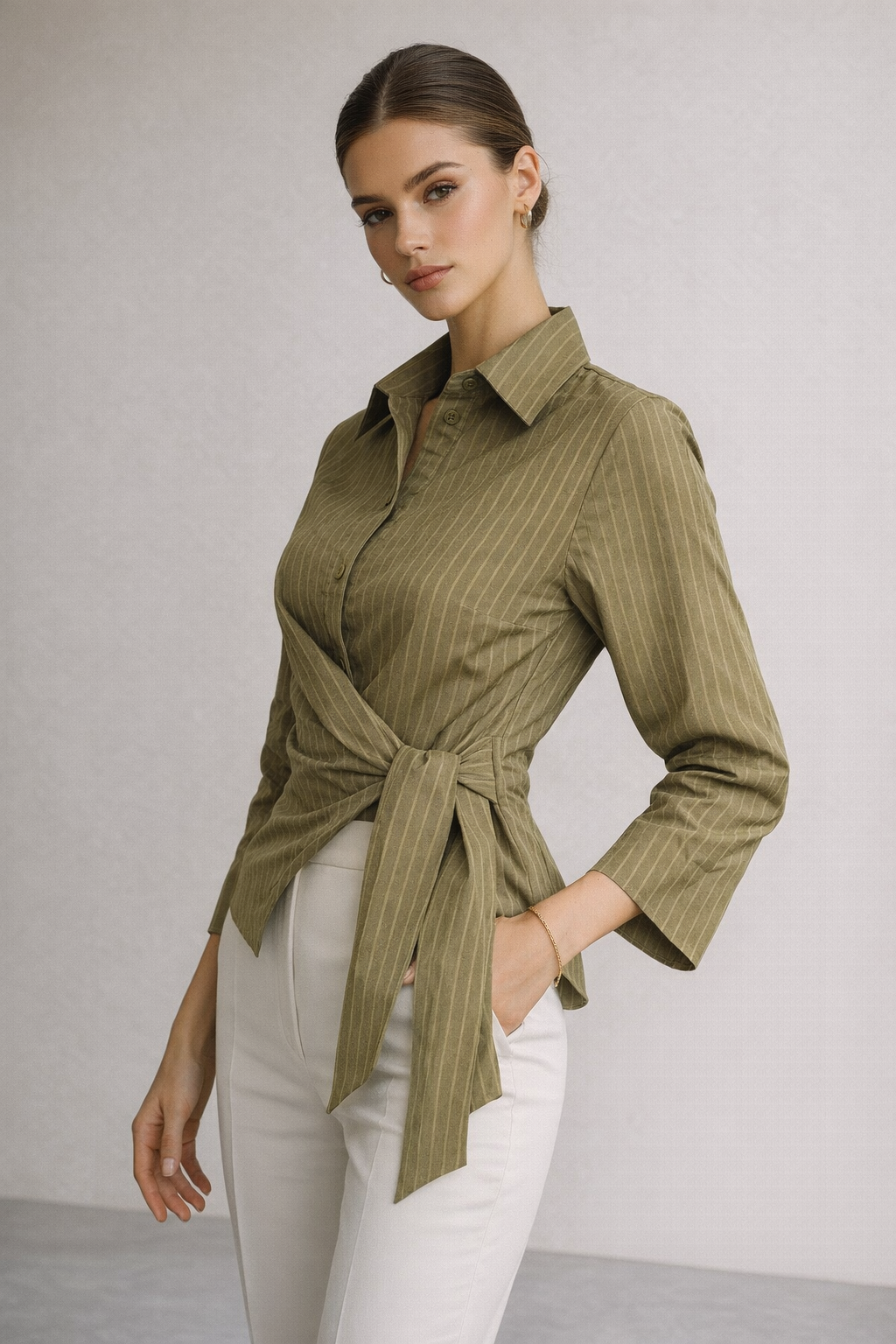 Kadın Yeşil Çizgili Yandan Bağlamalı Slim Fit Gömlek