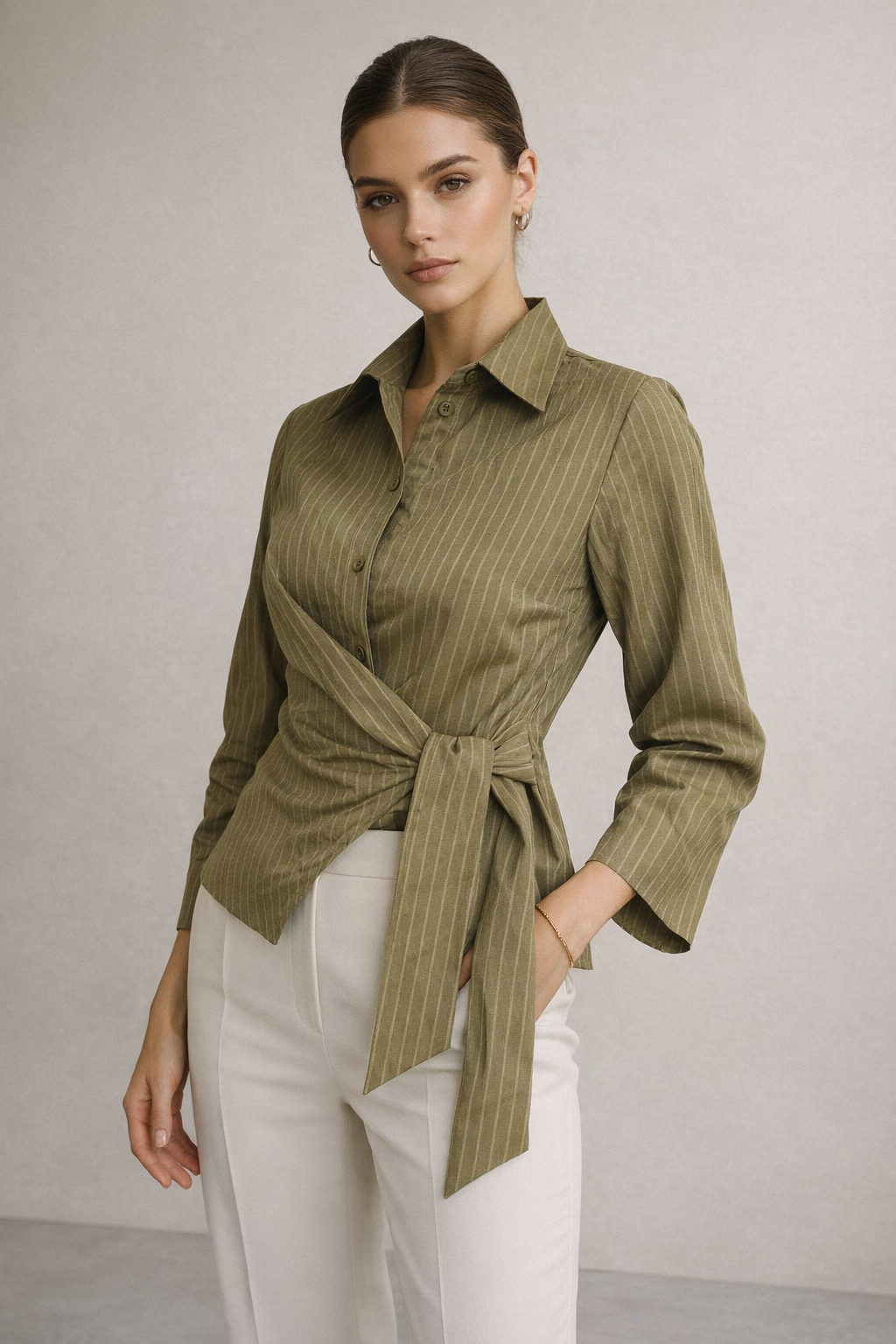 Kadın Yeşil Çizgili Yandan Bağlamalı Slim Fit Gömlek