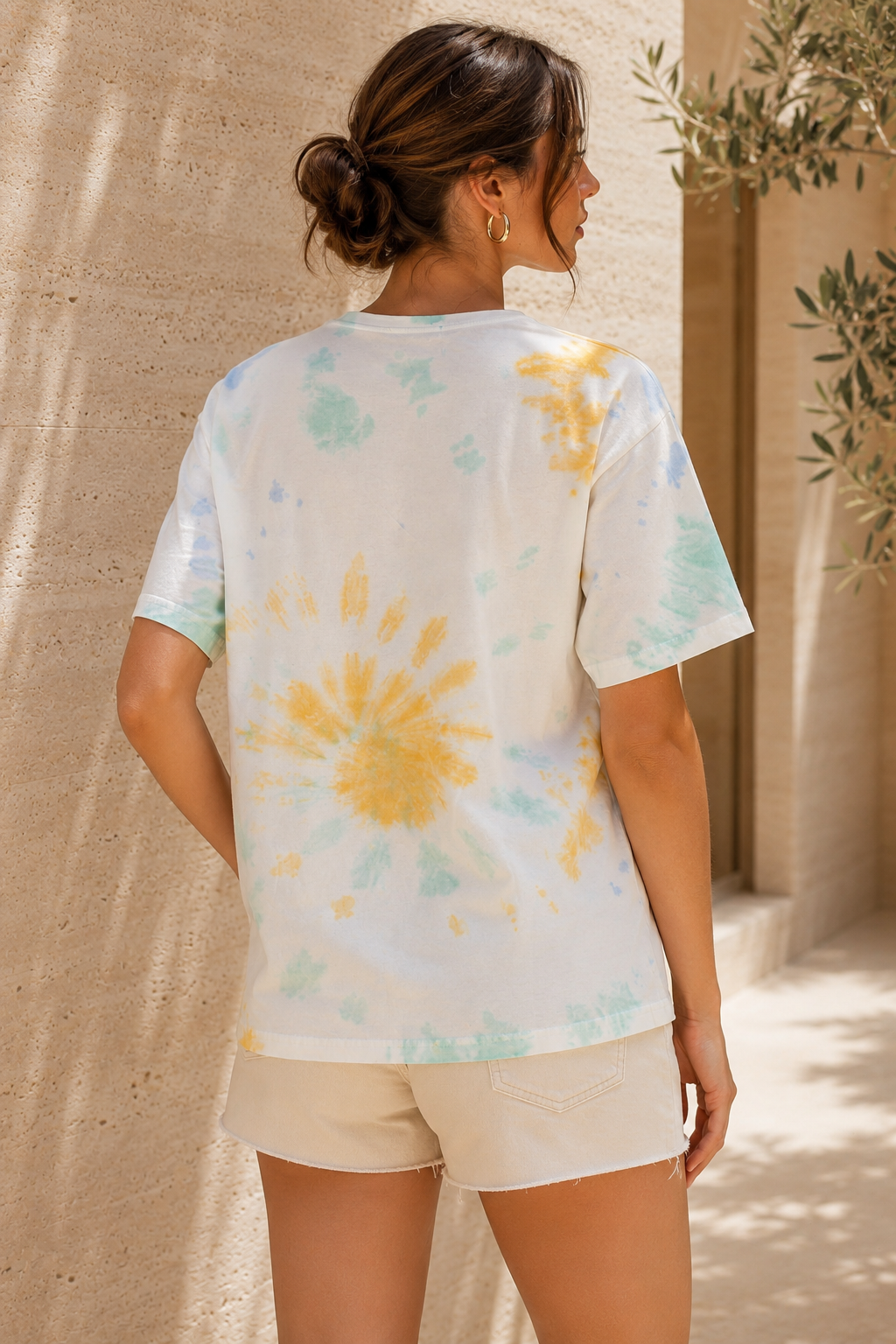 Kadın Yeşil Sarı Mavi Batik Desenli Oversize T-Shirt
