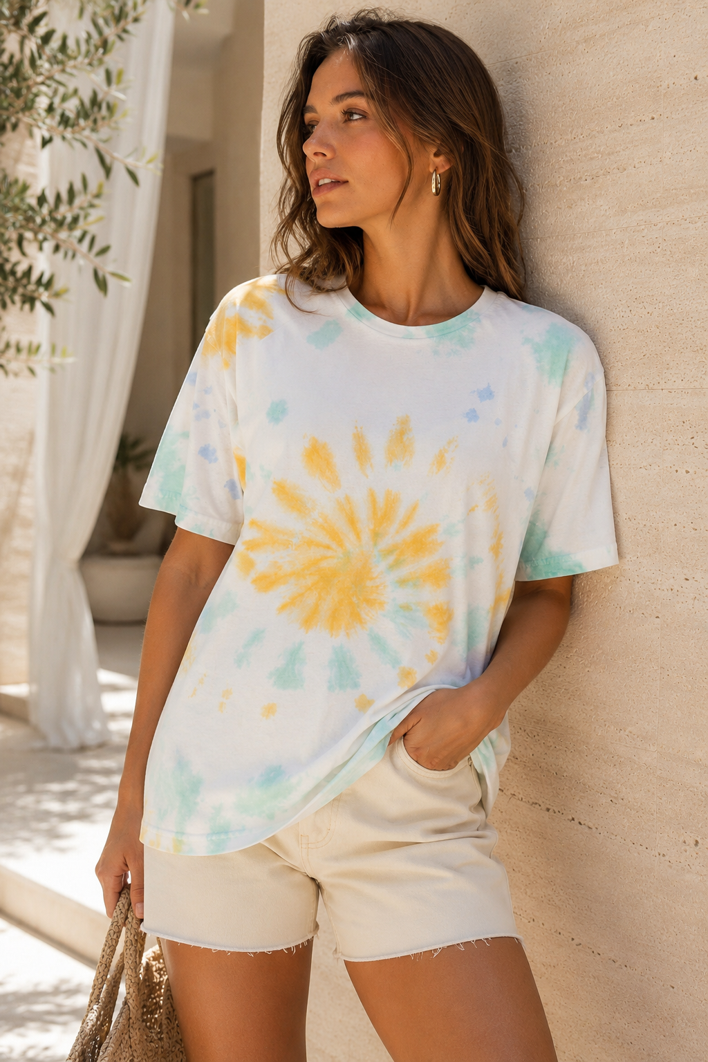Kadın Yeşil Sarı Mavi Batik Desenli Oversize T-Shirt