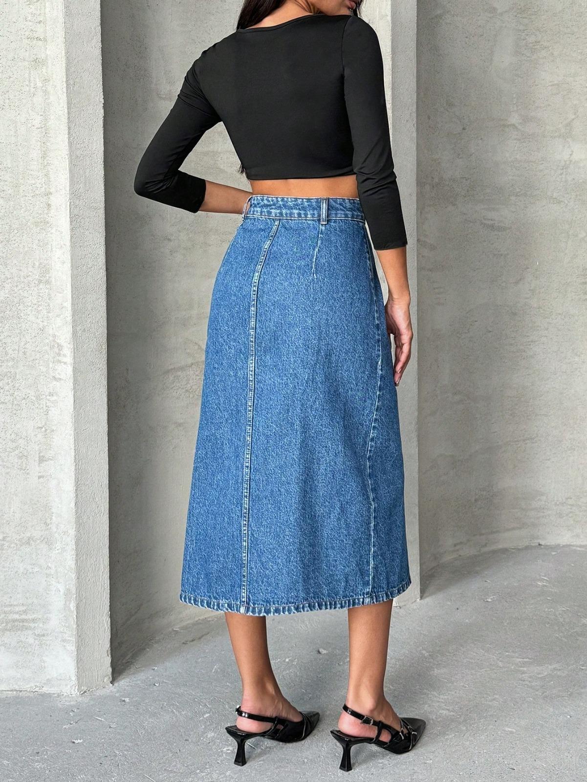 Kadın Yırtmaçlı Midi Boy Kot Etek Mavi