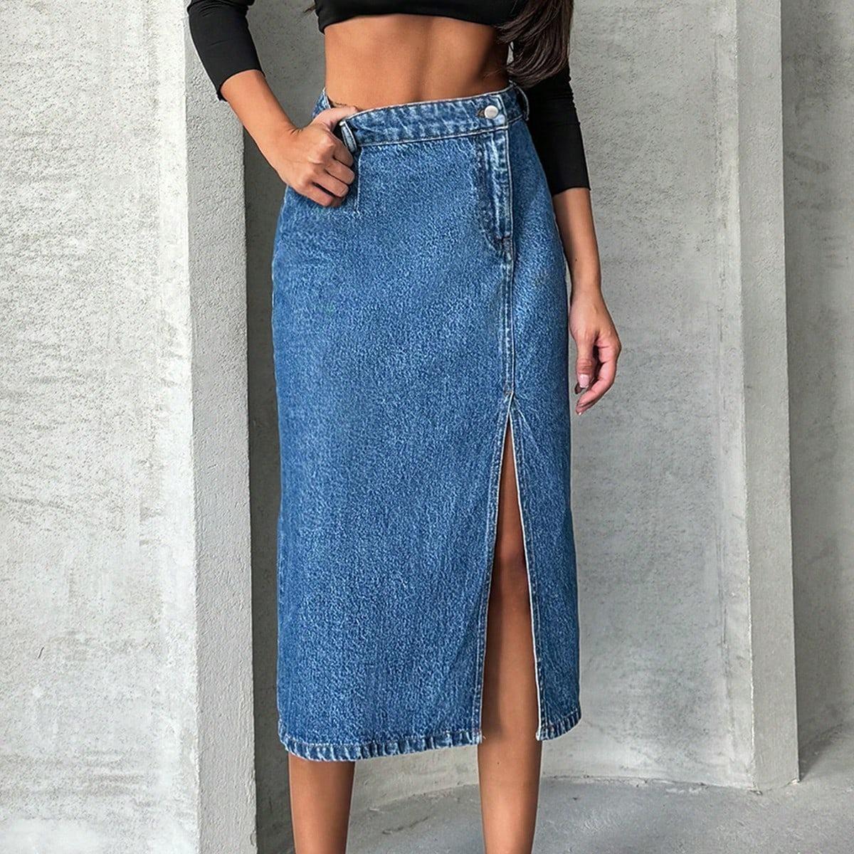 Kadın Yırtmaçlı Midi Boy Kot Etek Mavi