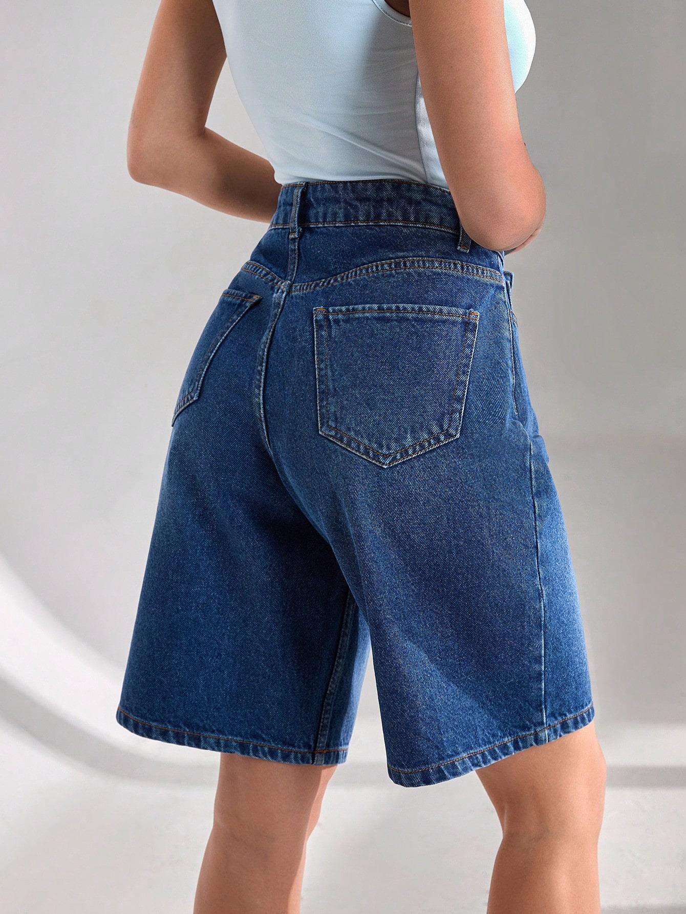 Kadın Yüksek Bel Bermuda Denim Şort Mavi