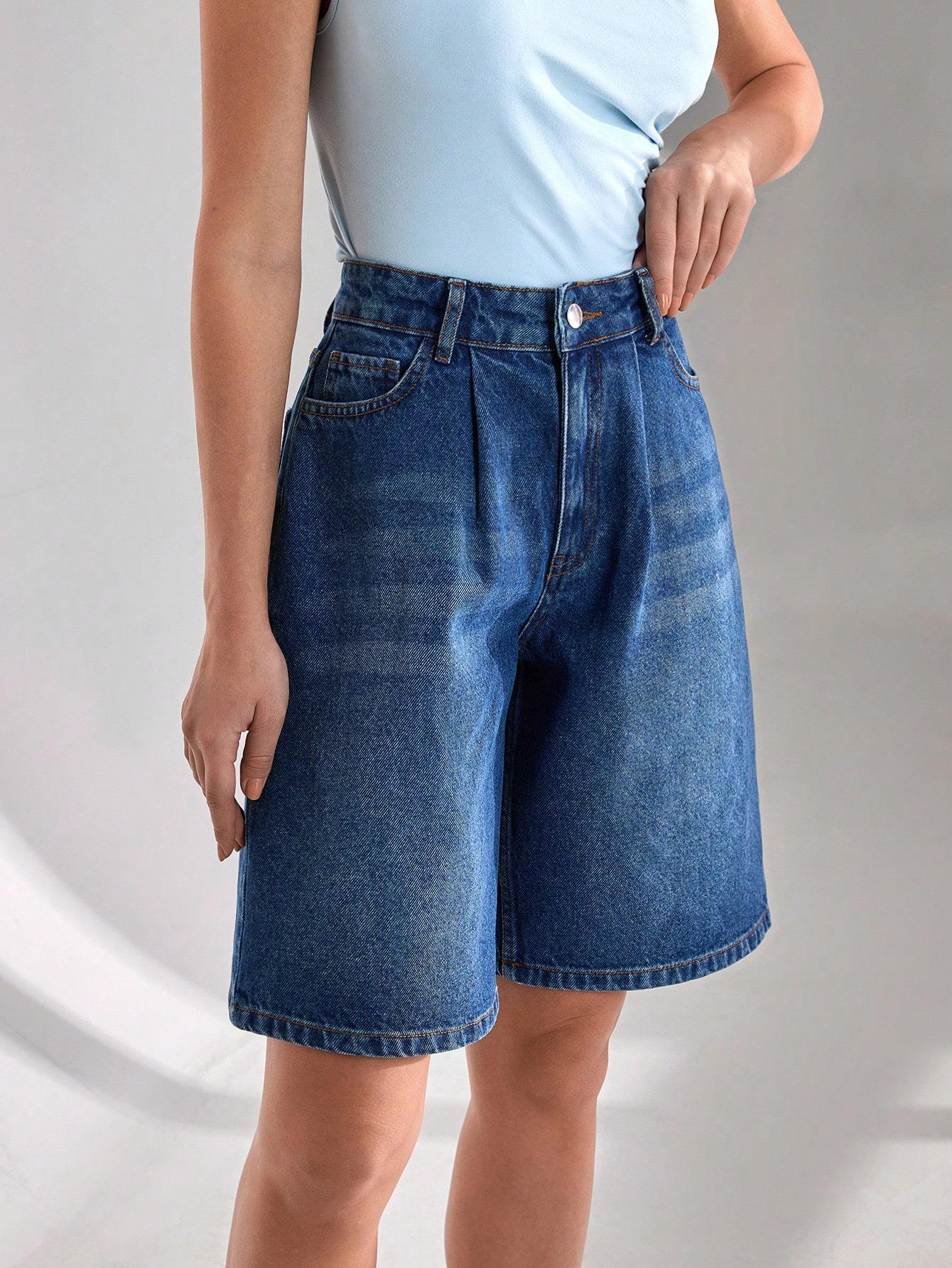 Kadın Yüksek Bel Bermuda Denim Şort Mavi