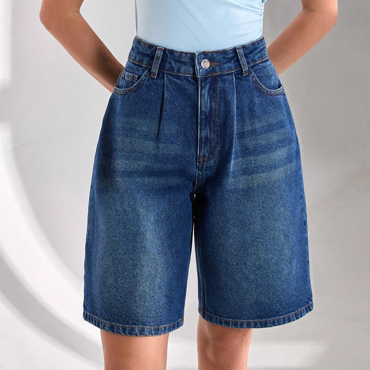 Kadın Yüksek Bel Bermuda Denim Şort Mavi