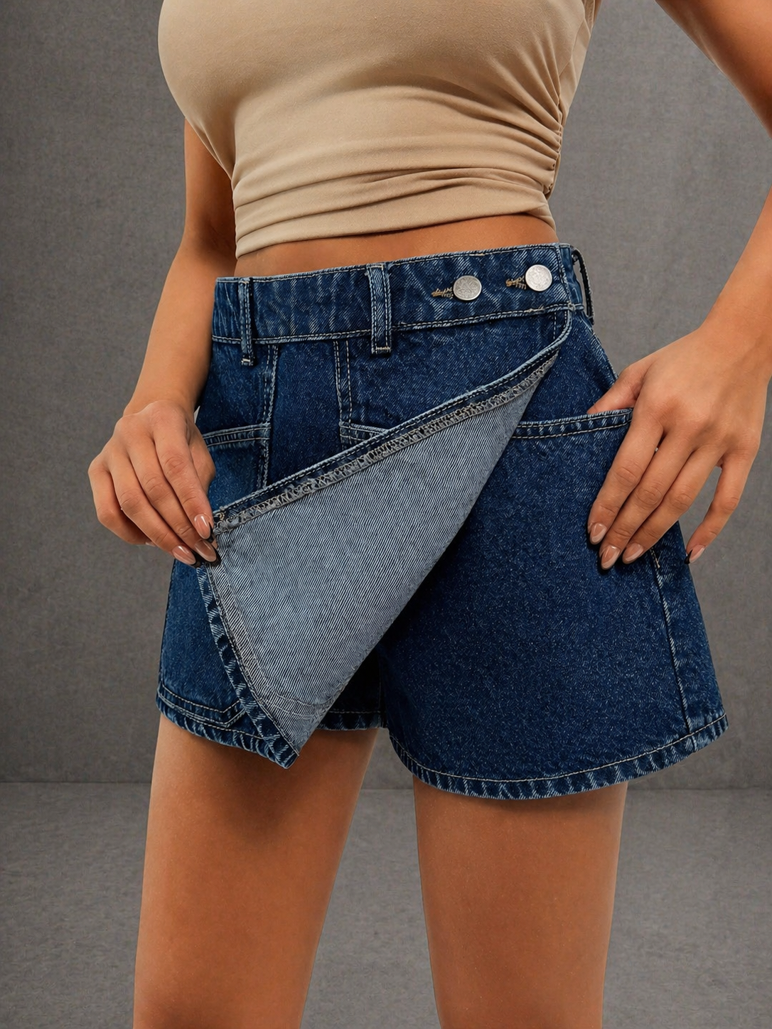 Kadın Yüksek Bel Denim Mini Etek Şort Çift Düğmeli Cep Detaylı Lacivert