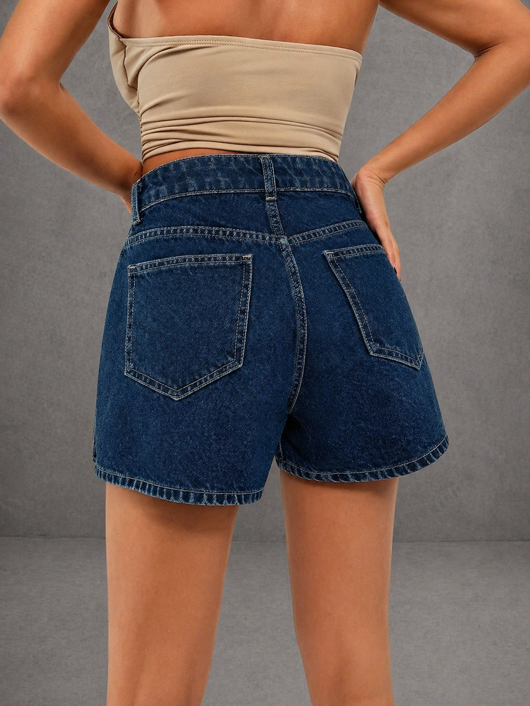 Kadın Yüksek Bel Denim Mini Etek Şort Çift Düğmeli Cep Detaylı Lacivert