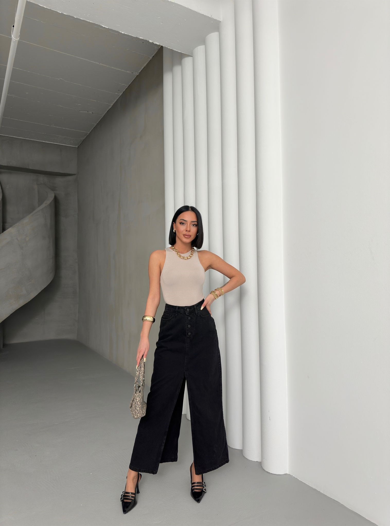 Kadın Yüksek Bel Düğmeli Yırtmaçlı Midi Jean Etek Siyah