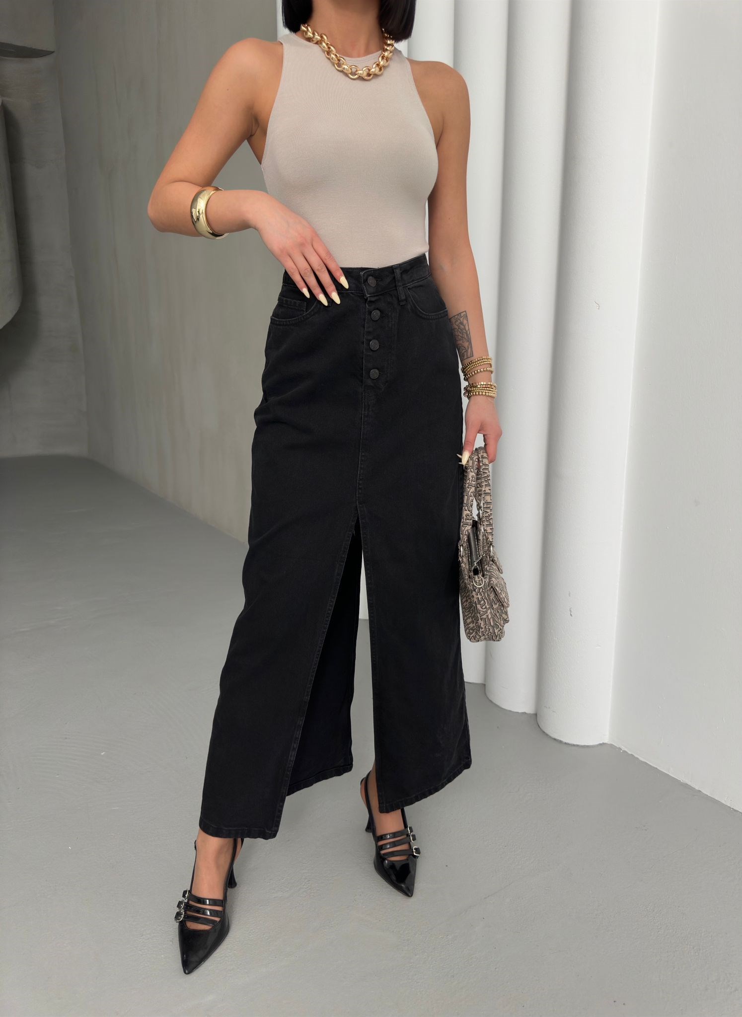 Kadın Yüksek Bel Düğmeli Yırtmaçlı Midi Jean Etek Siyah