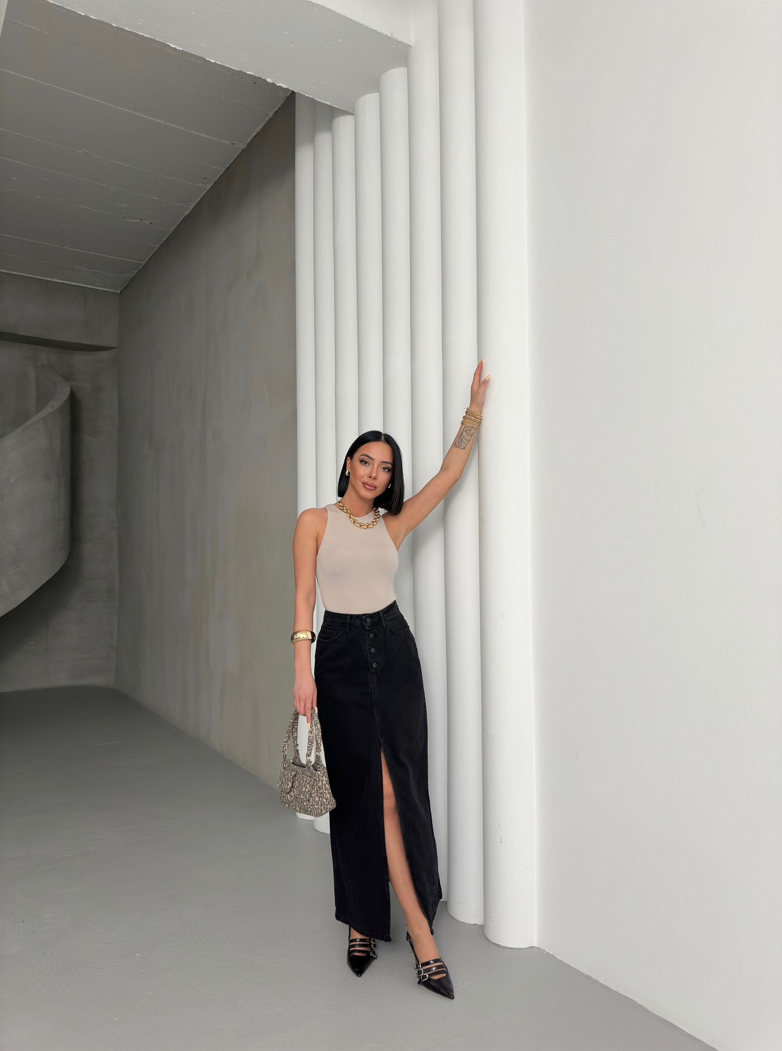 Kadın Yüksek Bel Düğmeli Yırtmaçlı Midi Jean Etek Siyah