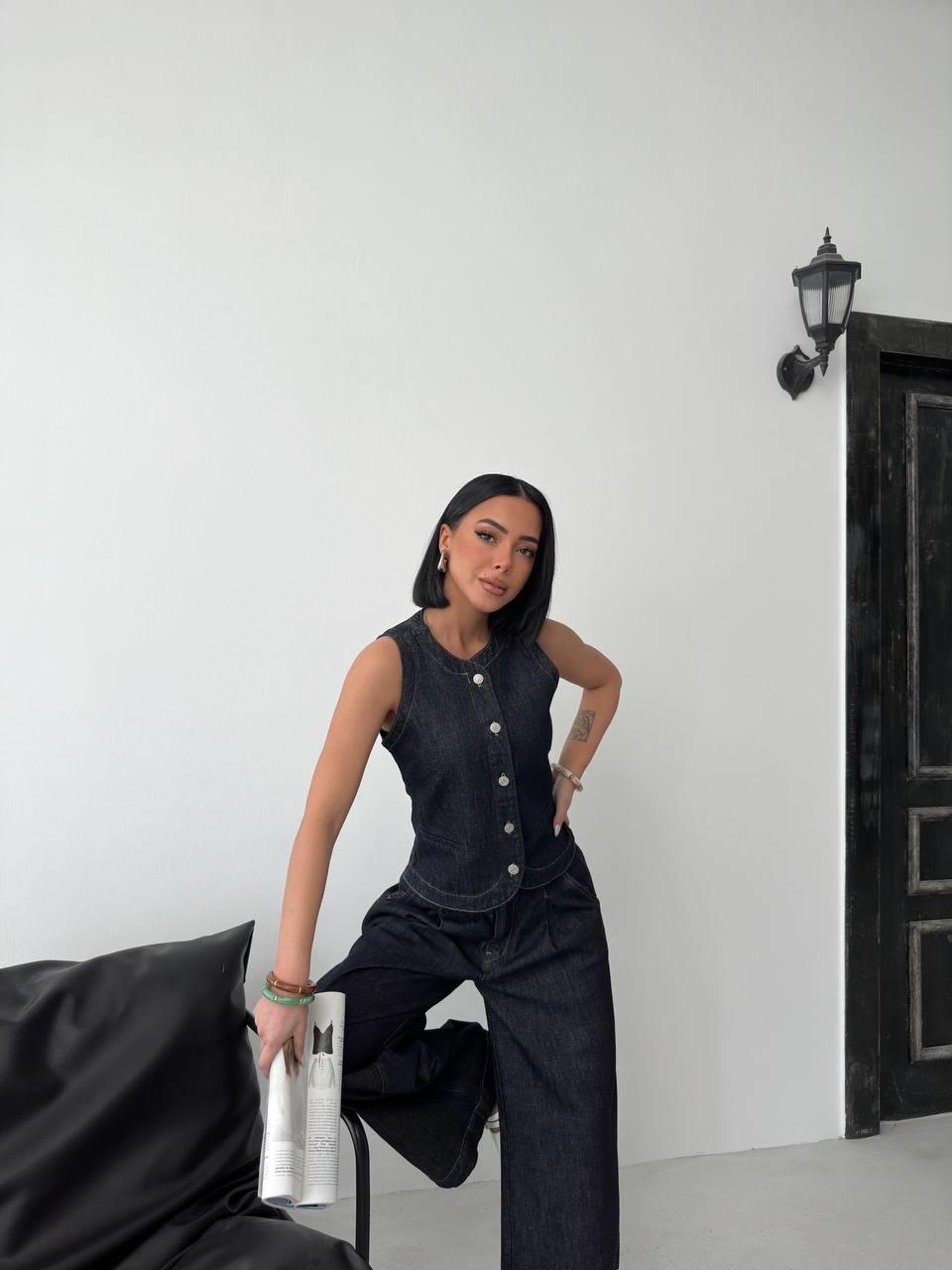 Kadın Yüksek Bel Geniş Paça Denim Pantolon & Düğmeli Yelek Takım