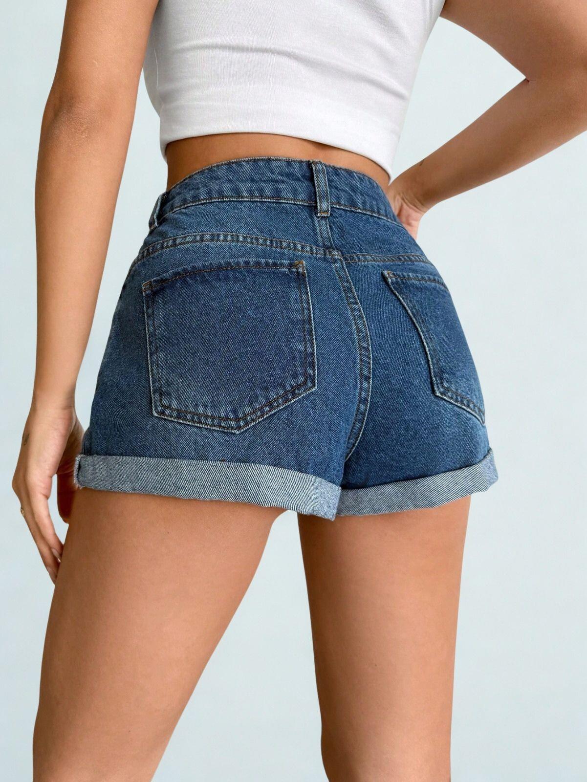 Kadın Yüksek Bel Katlamalı Paça Denim Şort Mavi