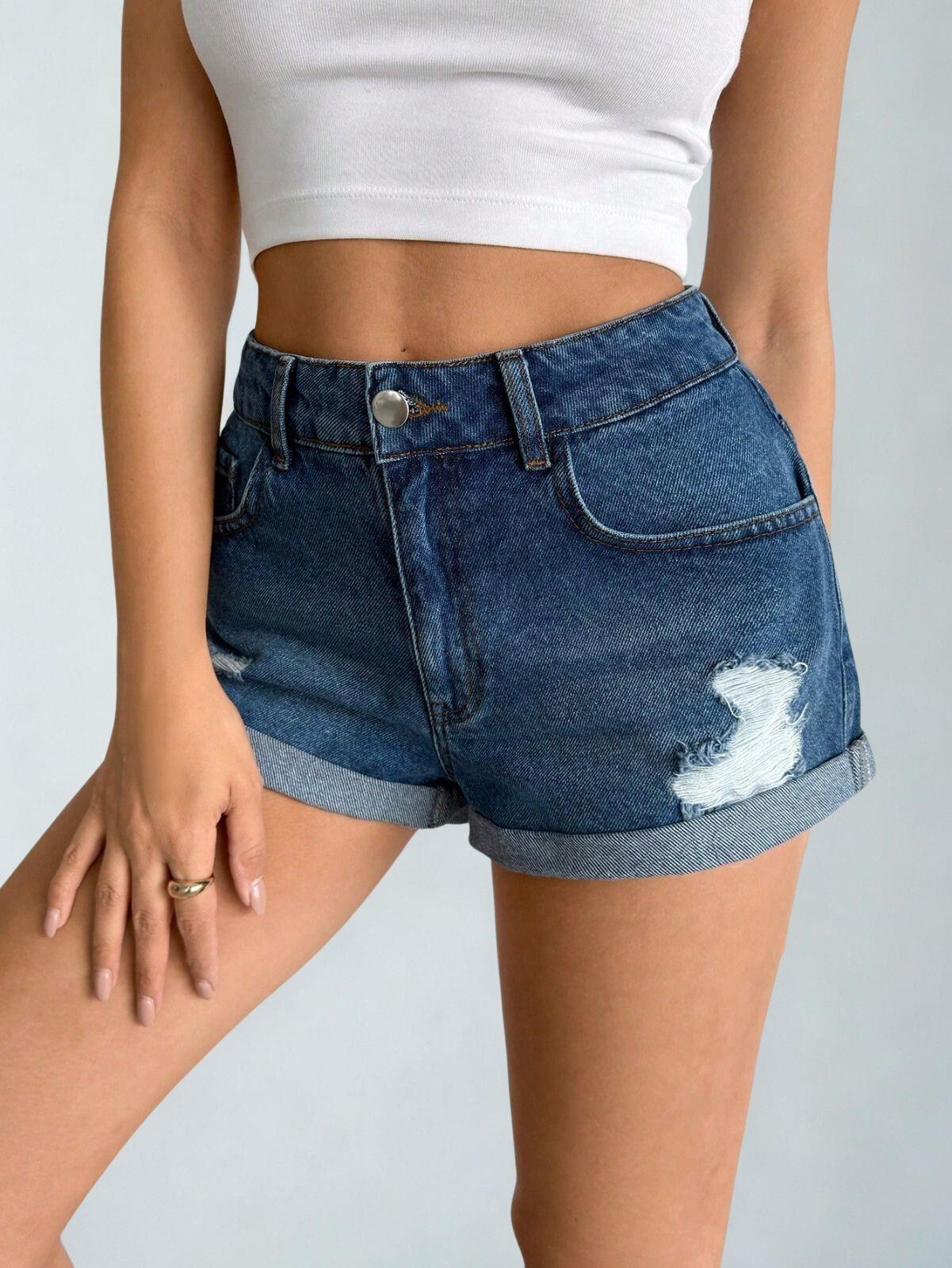 Kadın Yüksek Bel Katlamalı Paça Denim Şort Mavi