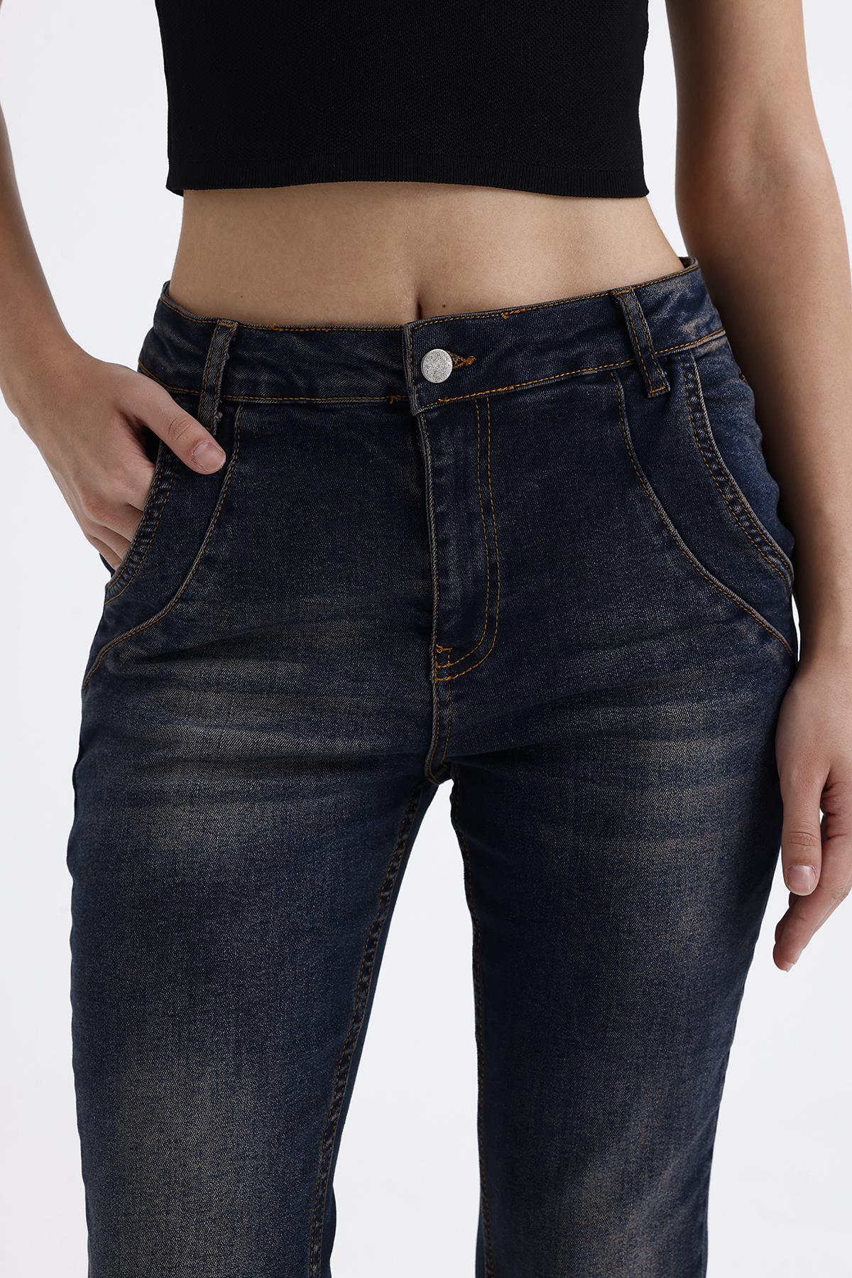 Kadın Yüksek Bel Likralı İspanyol Paça Jeans Lacivert