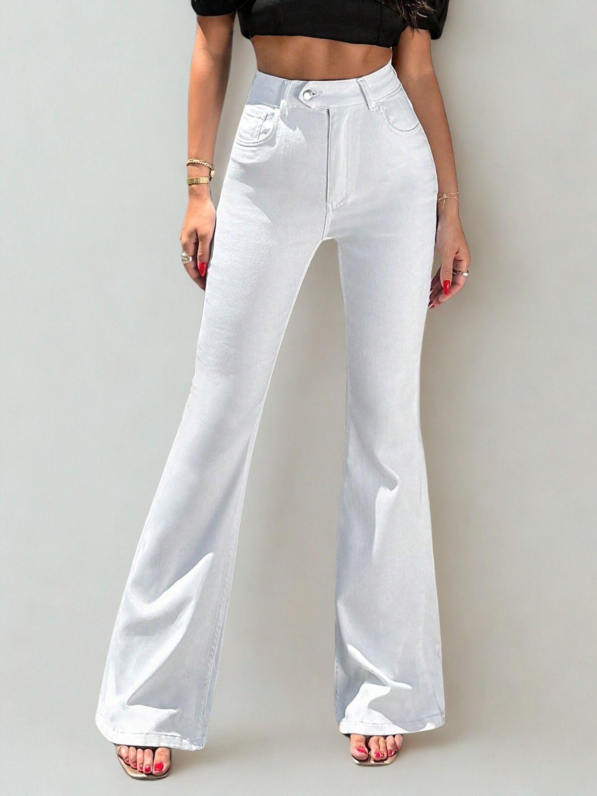 Kadın Yüksek Bel Likralı İspanyon Paça Jeans Kot Pantolon Beyaz