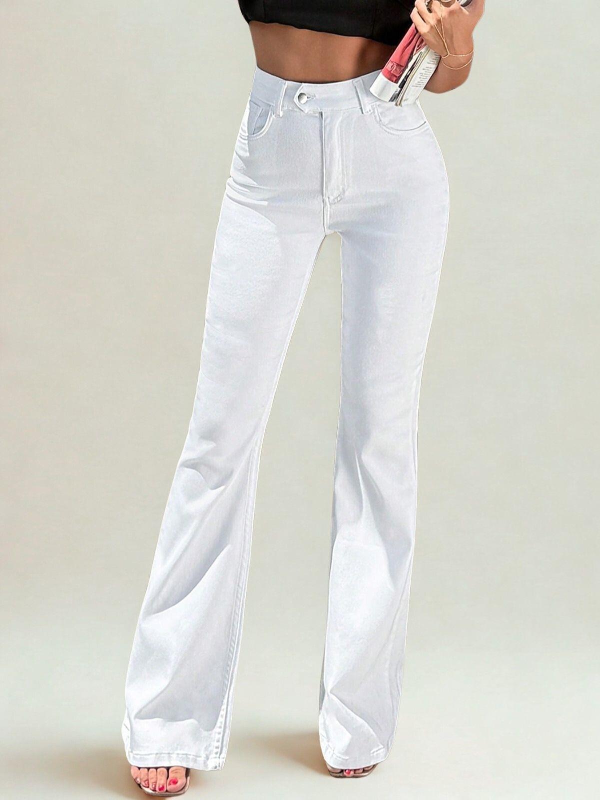 Kadın Yüksek Bel Likralı İspanyon Paça Jeans Kot Pantolon Beyaz