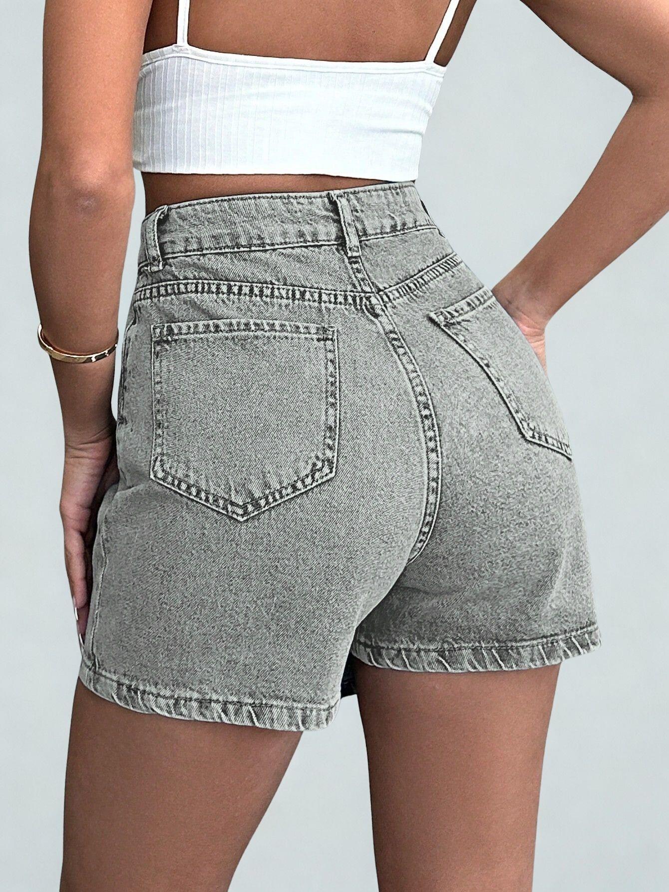 Kadın Yüksek Bel Şort Etek Denim Gri