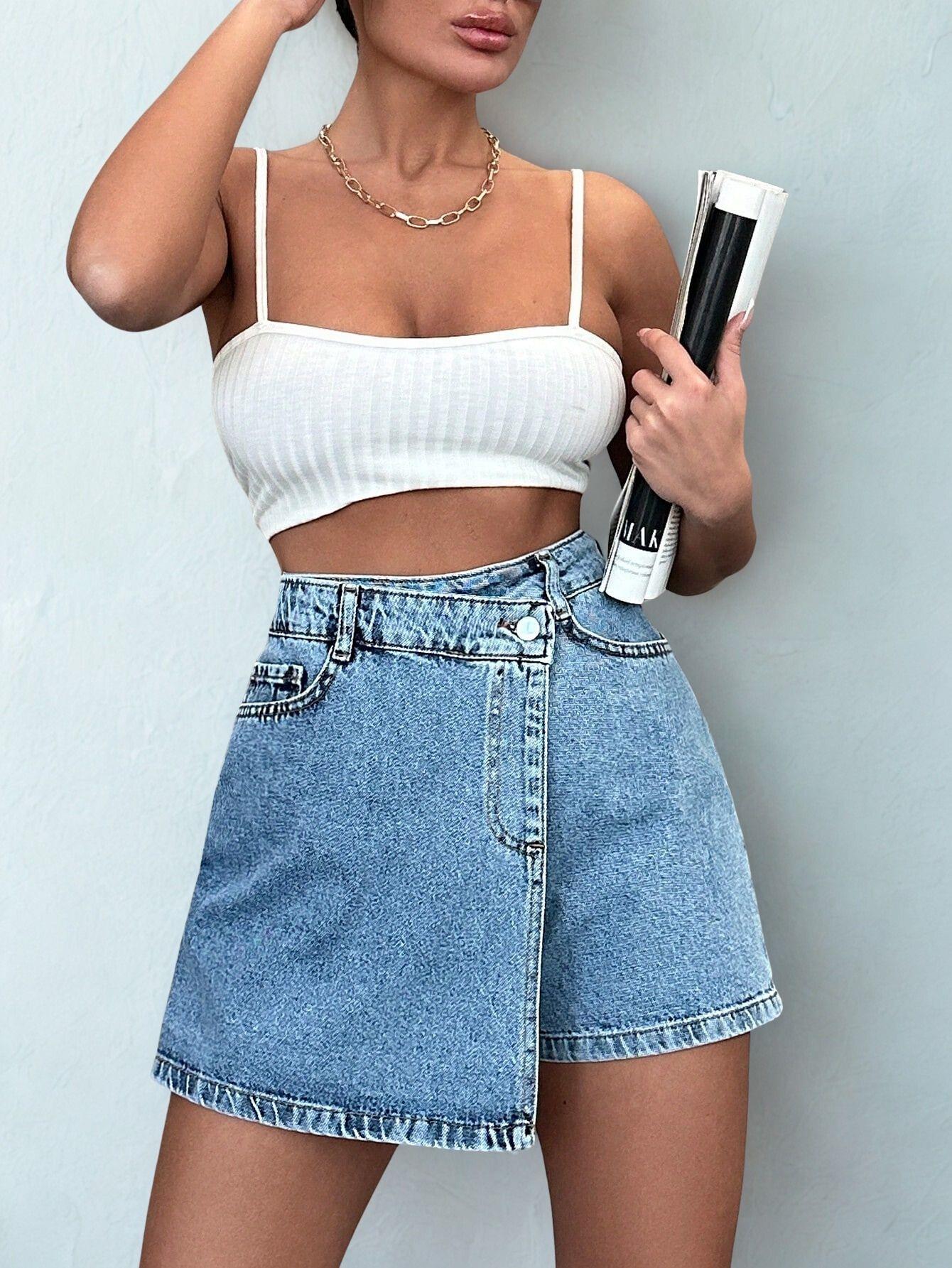 Kadın Yüksek Bel Şort Etek Denim Mavi