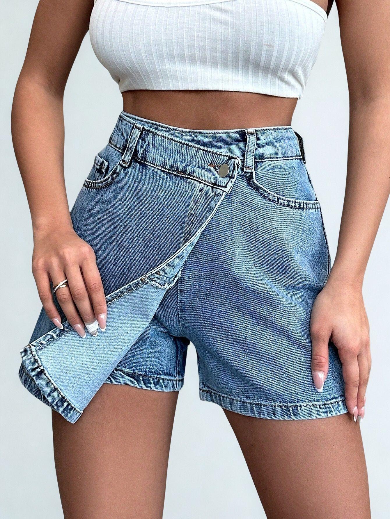 Kadın Yüksek Bel Şort Etek Denim Mavi