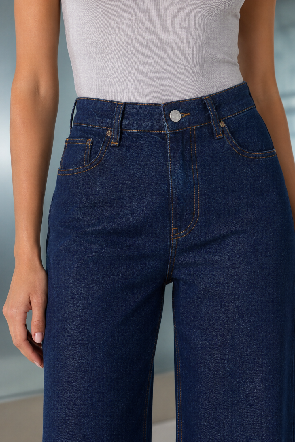 Kadın Yüksek Bel Wide Leg Koyu Mavi Jean Pantolon