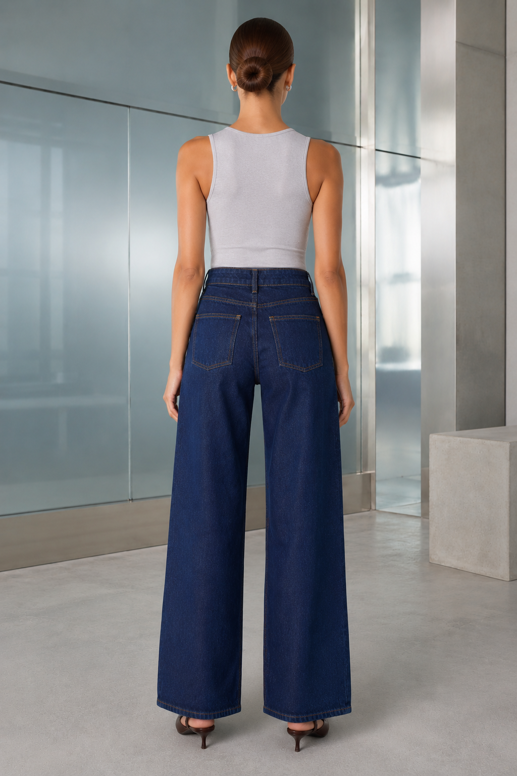 Kadın Yüksek Bel Wide Leg Koyu Mavi Jean Pantolon