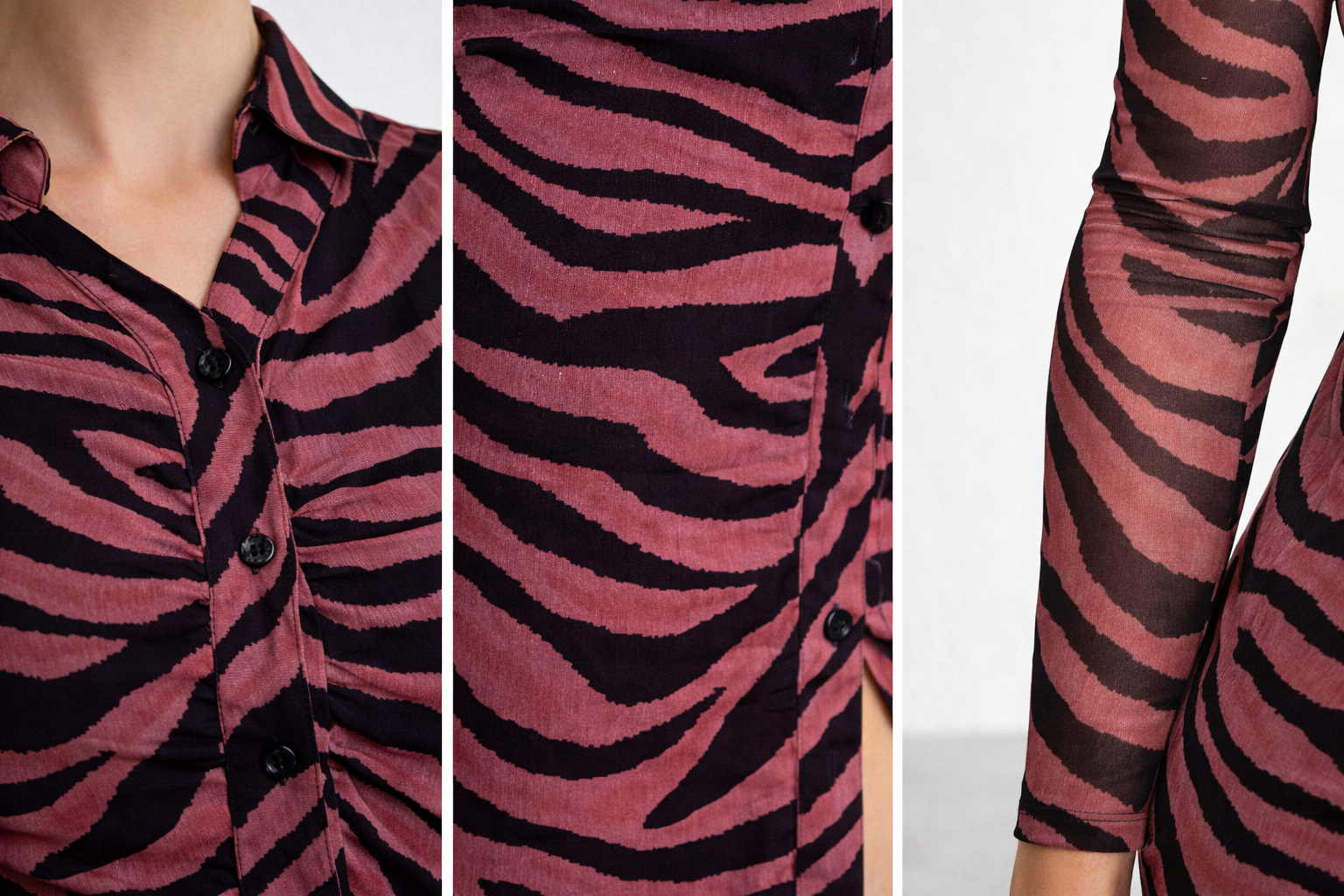 Kadın Zebra Desenli Transparan Gömlek Elbise – Yırtmaçlı, Uzun Kollu, Vücuda Oturan