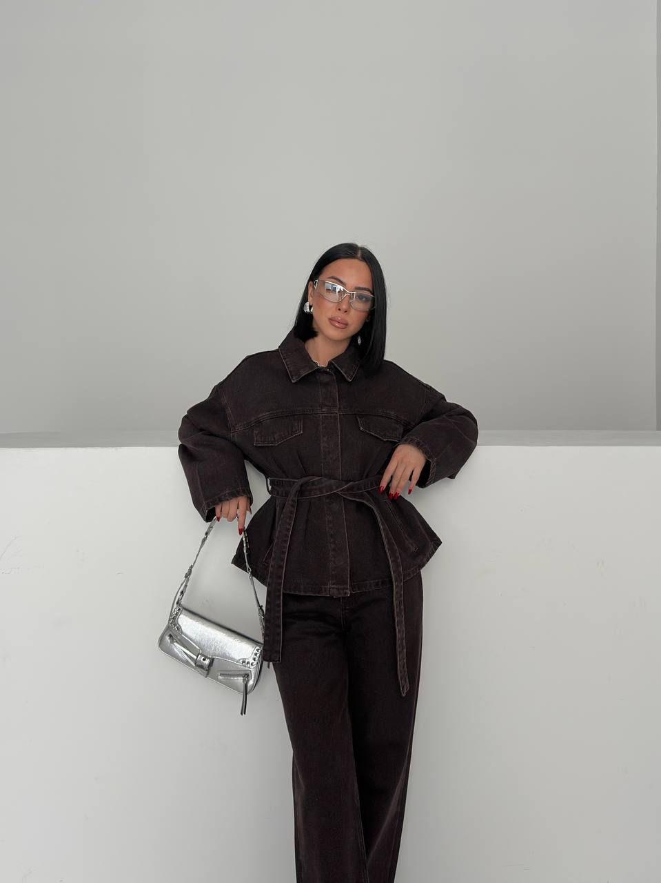 Kahve Bağlamalı Denim Takım Oversize Ceket ve Yüksek Bel Pantolon